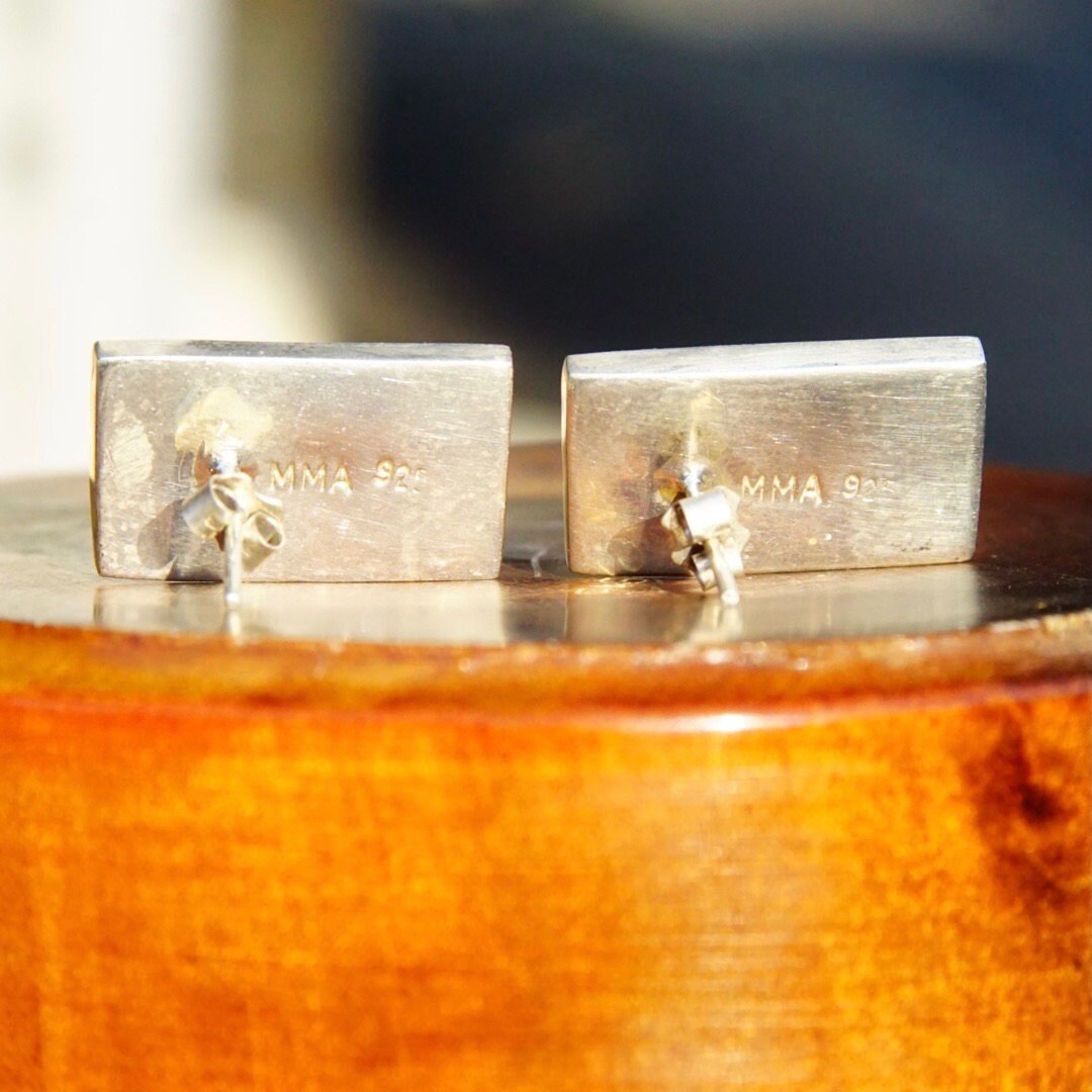 Vintage Signed MMA 925 Stone Inlay Stud Earrings, 1" Rectangular Sterling Silver Earrings, Multi-Color Mosaic Stone Design, Intarsia Inlay