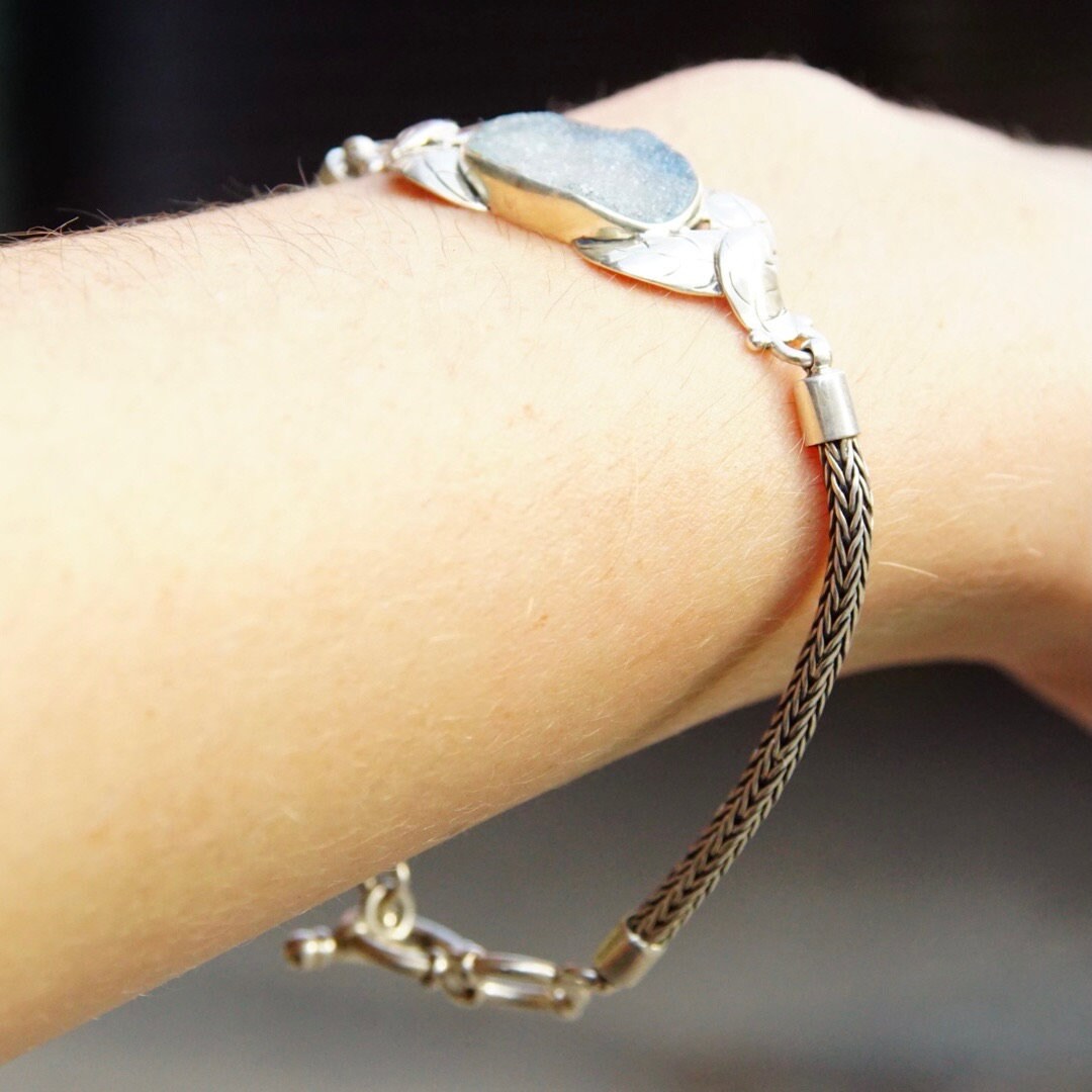 Vintage Blue Druzy Quartz Sterling Silver Rope Chain Bracelet, Silver Leaf Design, Translucent Light Blue Textured Gemstone, 7" - 8" Long