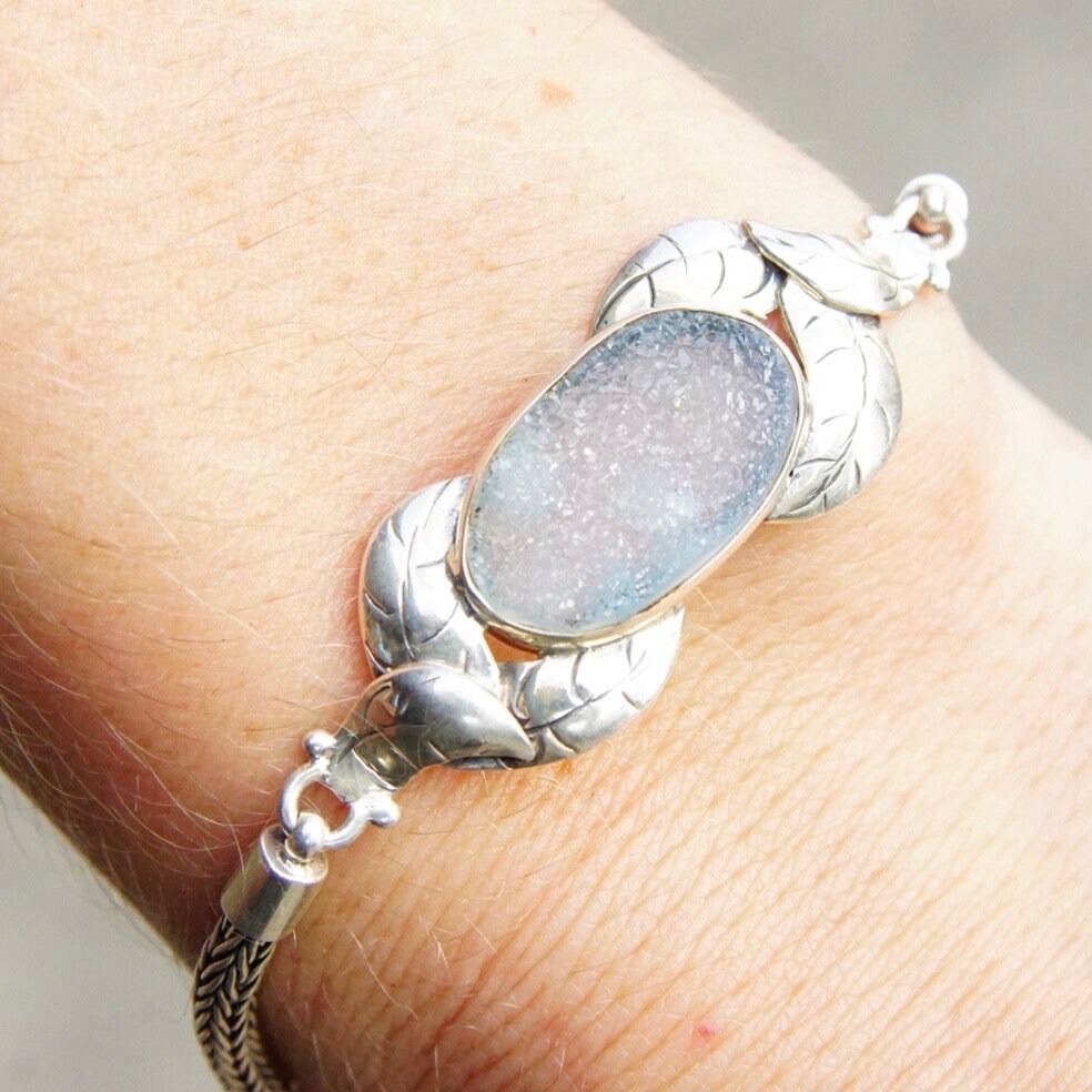 Vintage Blue Druzy Quartz Sterling Silver Rope Chain Bracelet, Silver Leaf Design, Translucent Light Blue Textured Gemstone, 7" - 8" Long
