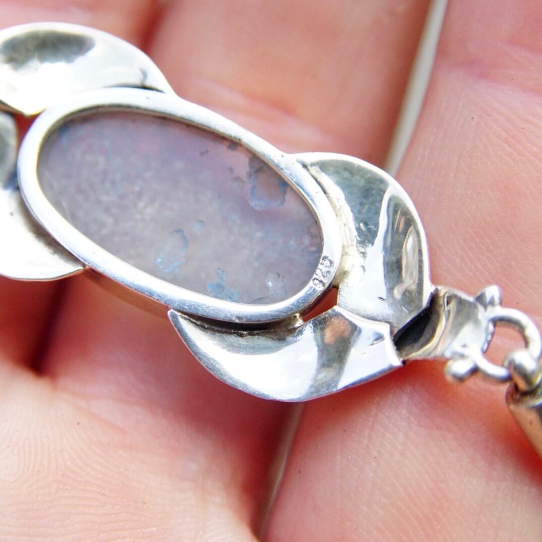 Vintage Blue Druzy Quartz Sterling Silver Rope Chain Bracelet, Silver Leaf Design, Translucent Light Blue Textured Gemstone, 7" - 8" Long