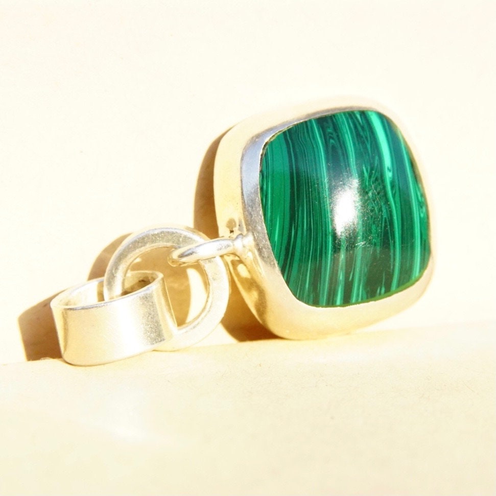 Vintage TAXCO Sterling Silver & Malachite Pendant, Modernist Silver Pendant, Banded Malachite Stone, Double Loop Necklace Bail, Mexico 925