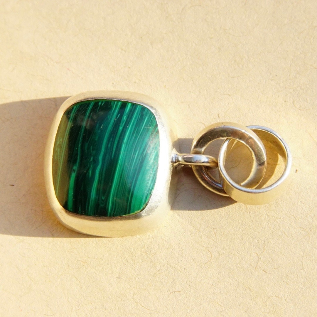 Vintage TAXCO Sterling Silver & Malachite Pendant, Modernist Silver Pendant, Banded Malachite Stone, Double Loop Necklace Bail, Mexico 925