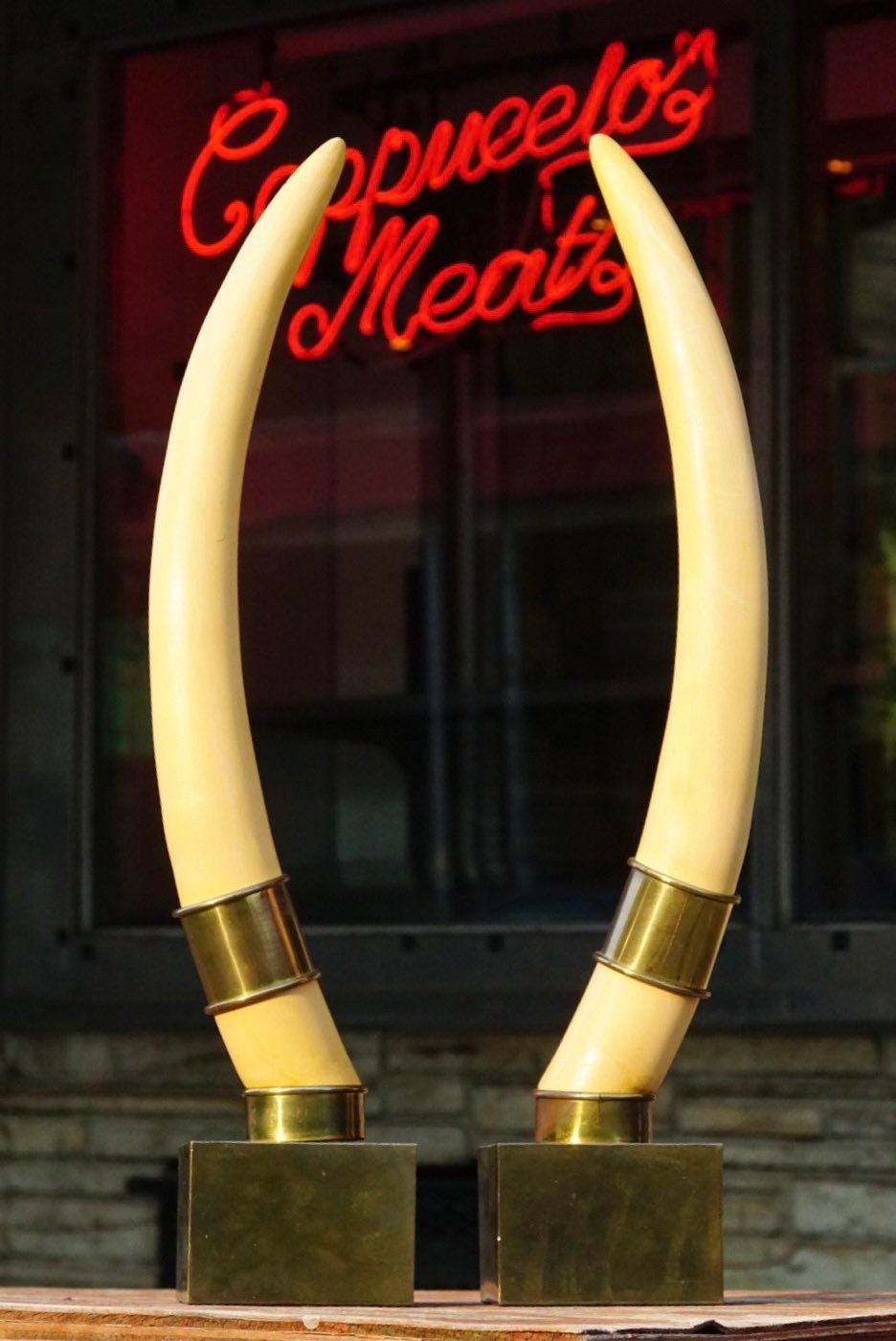 Vintage Pair Of Standing Faux Tusks, Brass Banding & Base, Made By Champam 1976, Unique Home Decor, Set of Decorative White Horns, 23" Tall