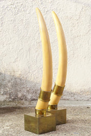 Vintage Pair Of Standing Faux Tusks, Brass Banding & Base, Made By Champam 1976, Unique Home Decor, Set of Decorative White Horns, 23" Tall