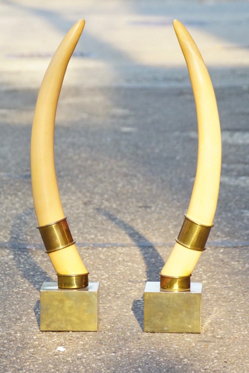 Vintage Pair Of Standing Faux Tusks, Brass Banding & Base, Made By Champam 1976, Unique Home Decor, Set of Decorative White Horns, 23" Tall