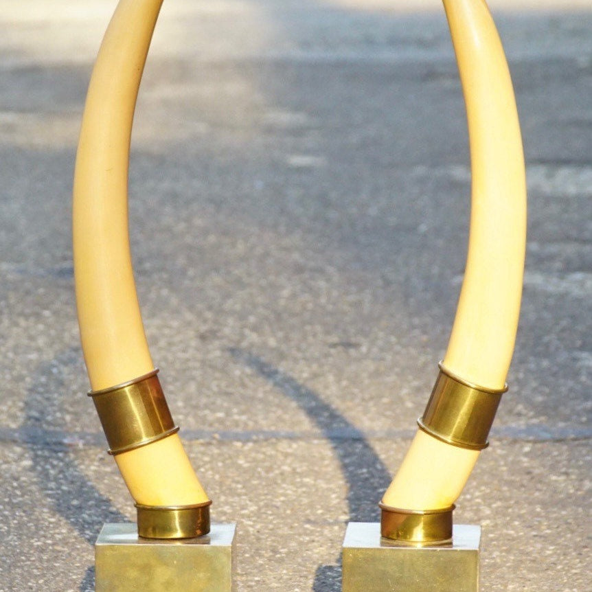 Vintage Pair Of Standing Faux Tusks, Brass Banding & Base, Made By Champam 1976, Unique Home Decor, Set of Decorative White Horns, 23" Tall