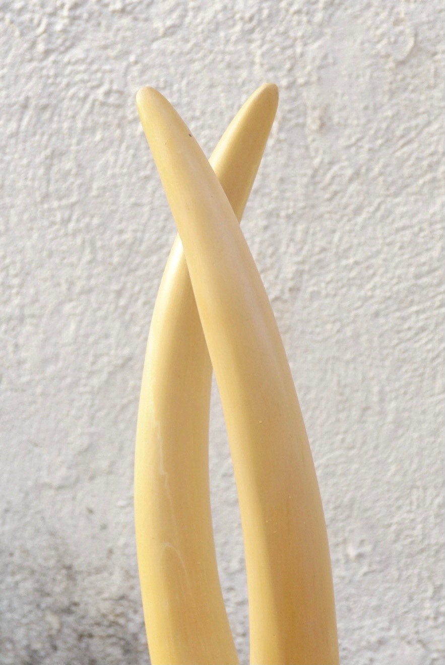 Vintage Pair Of Standing Faux Tusks, Brass Banding & Base, Made By Champam 1976, Unique Home Decor, Set of Decorative White Horns, 23" Tall