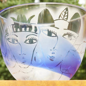 Vintage Signed Ulrica Hydman Vallien - Kosta Boda Frosted Glass Bowl, Stylistic Woman's Faces, Leaf Design, Large Clear & Blue Glass Bowl