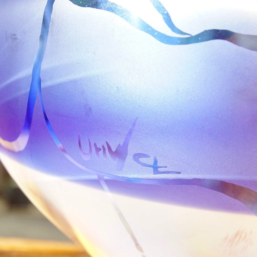 Vintage Signed Ulrica Hydman Vallien - Kosta Boda Frosted Glass Bowl, Stylistic Woman's Faces, Leaf Design, Large Clear & Blue Glass Bowl