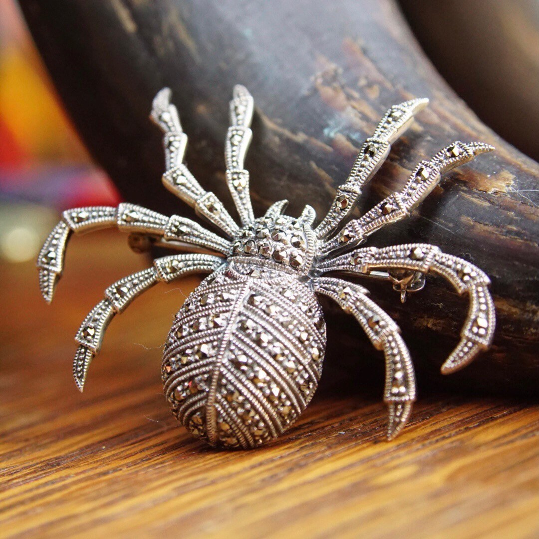 Vintage Sterling Silver Marcasite Spider Brooch, Marcasite Encrusted Silver Pin, Large Sparkly Spider Brooch, Sterling Vintage, 925 Jewelry