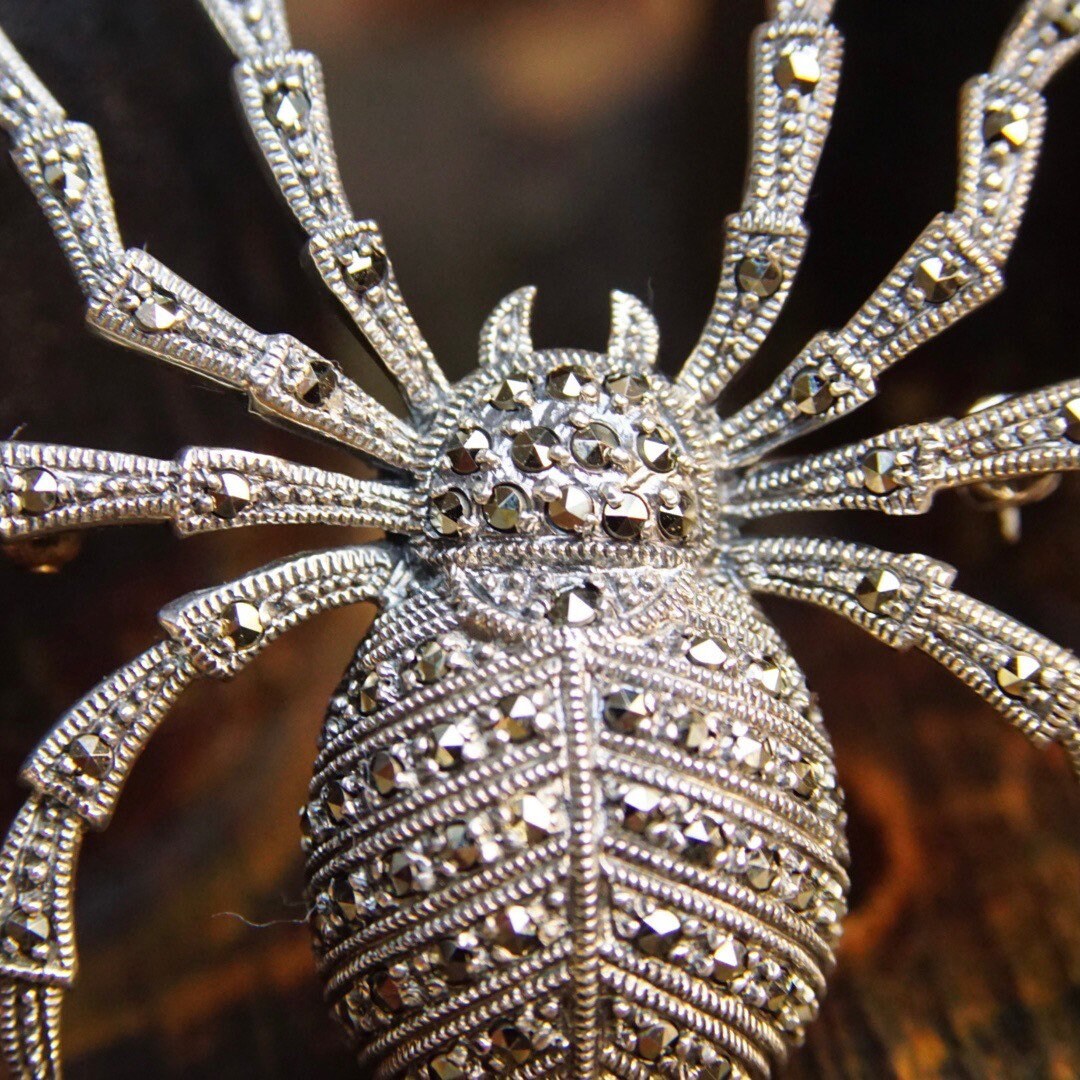 Vintage Sterling Silver Marcasite Spider Brooch, Marcasite Encrusted Silver Pin, Large Sparkly Spider Brooch, Sterling Vintage, 925 Jewelry
