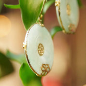 Vintage Chinese 14K Gold Jade Disc Dangle Earrings, Yellow Gold Lever Back Drop Earrings, Chinese Symbol, Marbled Green Jade, 1 1/2" Long