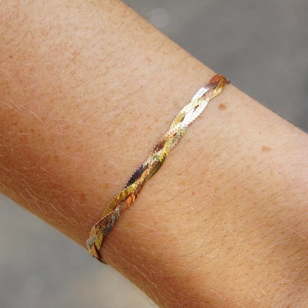 Vintage Italian 14K Gold Tri-Color Chevron Braided Herringbone Bracelet, 4mm Thick, Silver Copper & Gold Tone Chain Bracelet, 7" Long