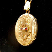Victorian Locket Pendant Mourning Necklace, Gold Filled Locket With Garnet/Diamond, Etched Cameo Design, Thick Gold Chain, Mourning Jewelry