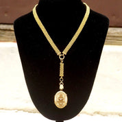 Victorian Locket Pendant Mourning Necklace, Gold Filled Locket With Garnet/Diamond, Etched Cameo Design, Thick Gold Chain, Mourning Jewelry