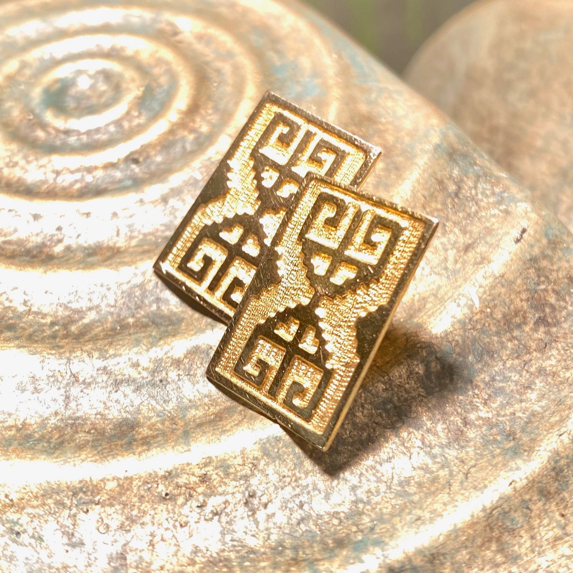 Vintage 14K Gold Earrings, Textured Gold Embossed Design, Greek Meander, Rectangular Earrings, Statement Piece, 7/8" Long