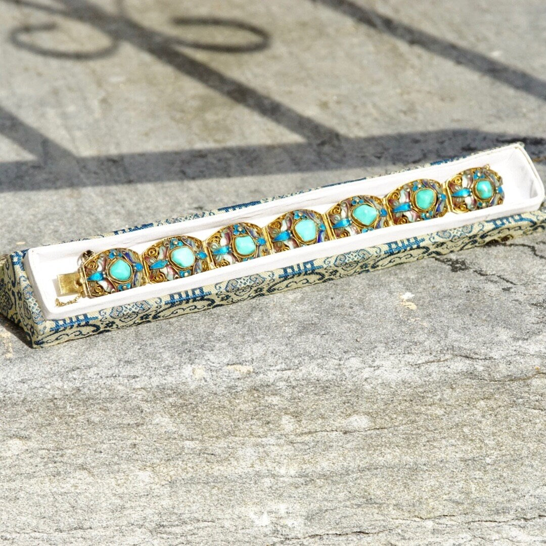 Antique Chinese silver cloisonne filigree turquoise link bracelet with ornate enamel butterfly design, security chain, in original box, 7 inches long