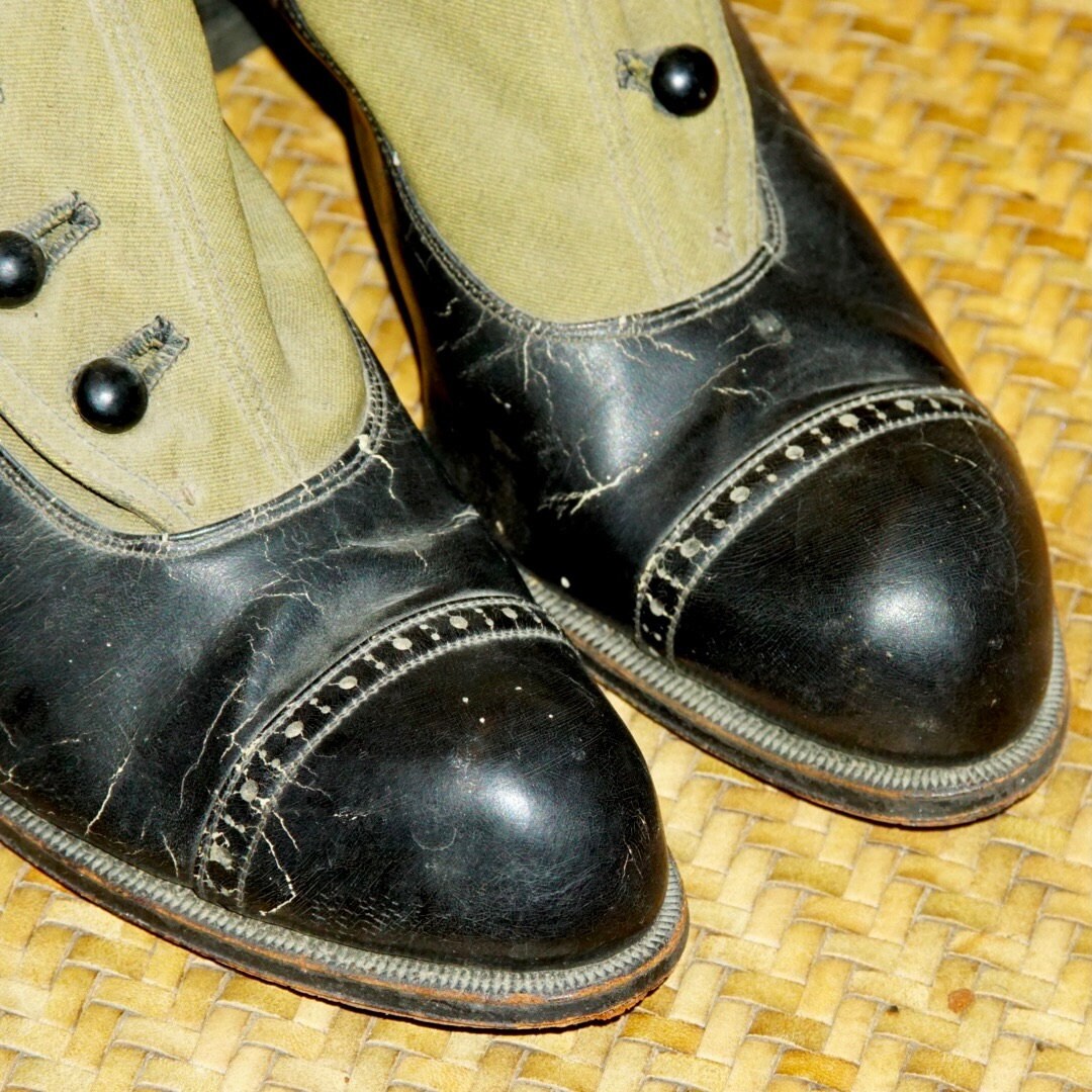 Victorian/Edwardian Women's Black Leather & Fabric Button Up Boots, Two-Tone Heeled Ankle Boots, Trade La France, Size 6-6.5 US