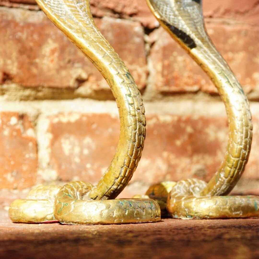 Vintage Rare Solid Brass Cobra Candlestick Holders, Pair Of Textured Standing Brass Snake Candle Stands, Figure-8 Coil Base, 9" H