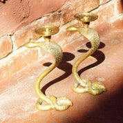 Vintage Rare Solid Brass Cobra Candlestick Holders, Pair Of Textured Standing Brass Snake Candle Stands, Figure-8 Coil Base, 9" H