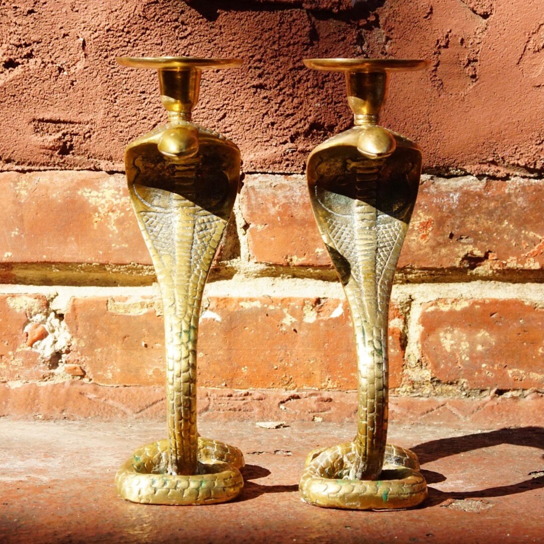 Vintage Rare Solid Brass Cobra Candlestick Holders, Pair Of Textured Standing Brass Snake Candle Stands, Figure-8 Coil Base, 9" H