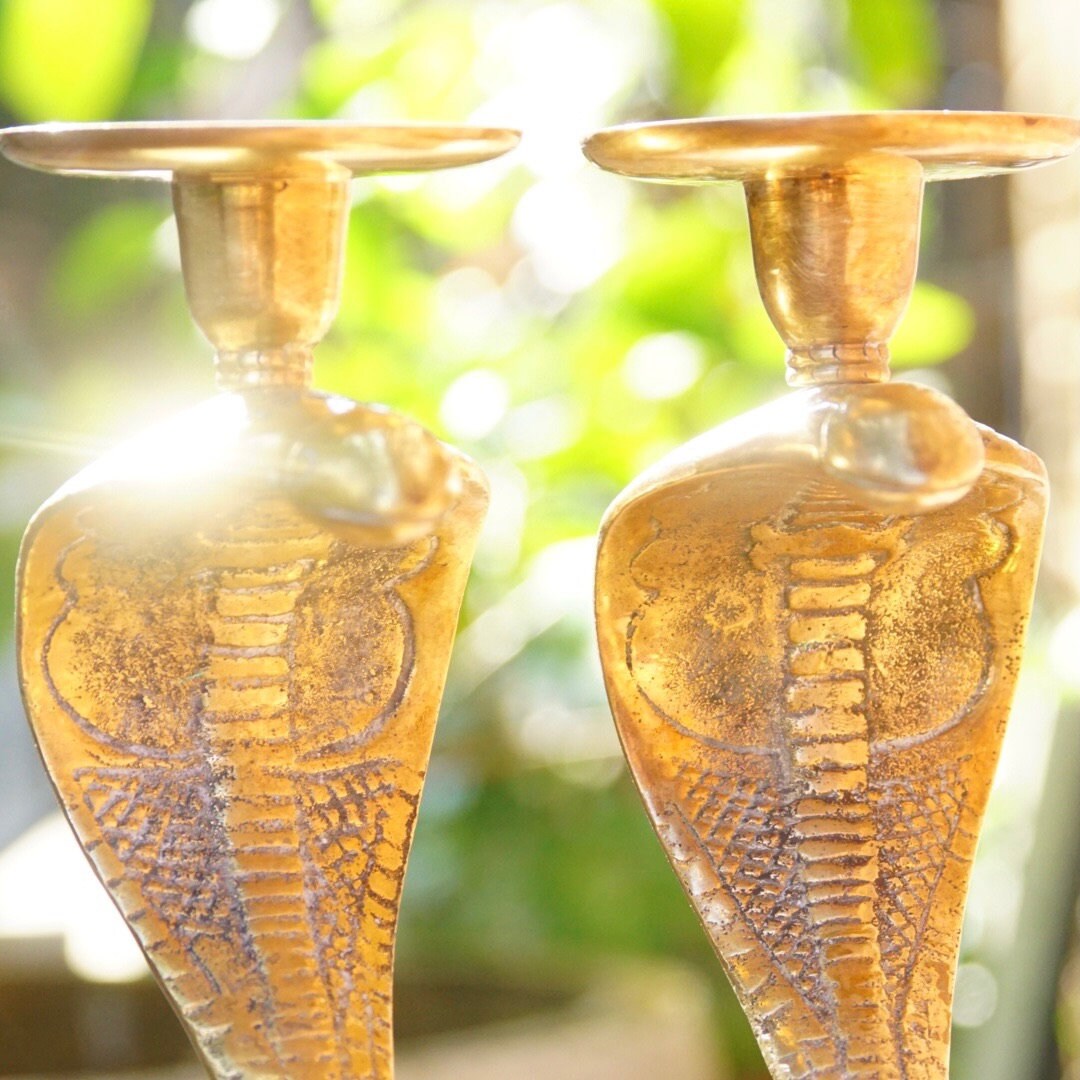 Vintage Rare Solid Brass Cobra Candlestick Holders, Pair Of Textured Standing Brass Snake Candle Stands, Figure-8 Coil Base, 9" H