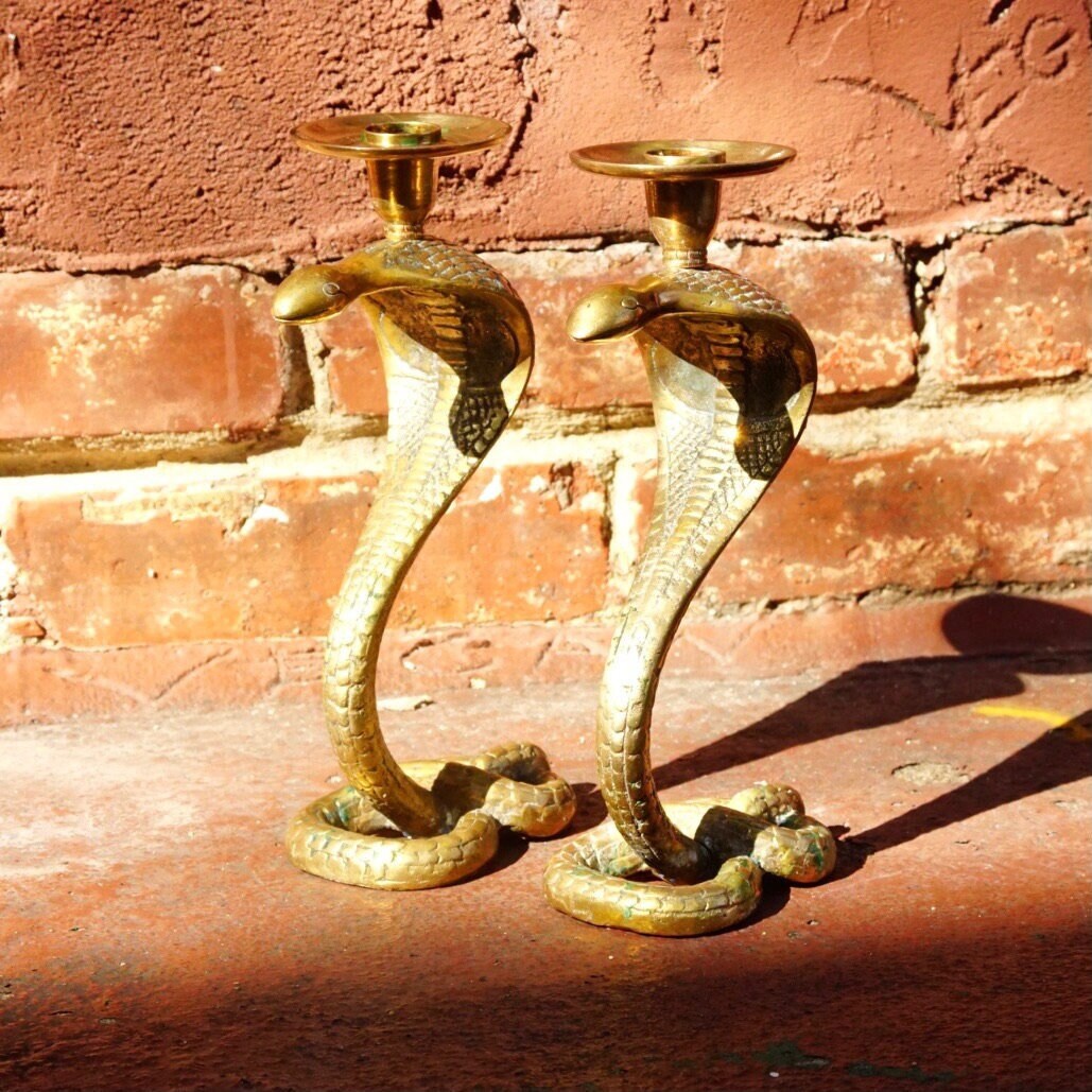 Vintage Rare Solid Brass Cobra Candlestick Holders, Pair Of Textured Standing Brass Snake Candle Stands, Figure-8 Coil Base, 9" H