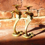 Vintage Rare Solid Brass Cobra Candlestick Holders, Pair Of Textured Standing Brass Snake Candle Stands, Figure-8 Coil Base, 9" H