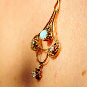 Victorian 14K Gold Opal & Diamond Necklace Pendant, Delicate Gold Wire Frame Teardrop Pendant, Iridescent Gemstone, Accent Diamonds, 1 3/4"