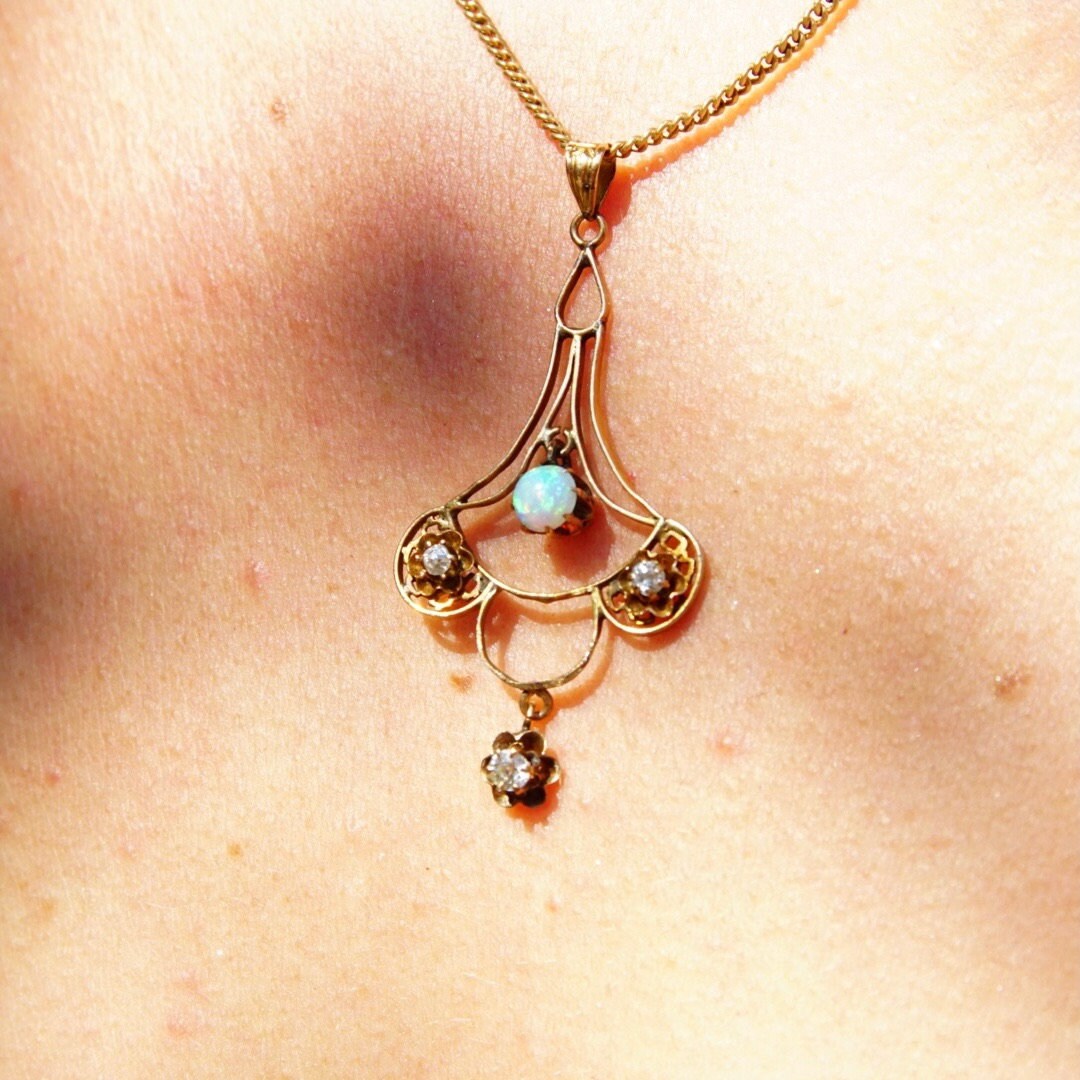 Victorian 14K Gold Opal & Diamond Necklace Pendant, Delicate Gold Wire Frame Teardrop Pendant, Iridescent Gemstone, Accent Diamonds, 1 3/4"