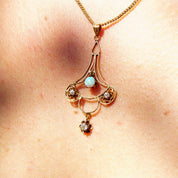 Victorian 14K Gold Opal & Diamond Necklace Pendant, Delicate Gold Wire Frame Teardrop Pendant, Iridescent Gemstone, Accent Diamonds, 1 3/4"