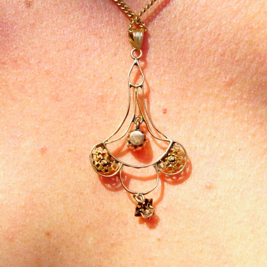 Victorian 14K Gold Opal & Diamond Necklace Pendant, Delicate Gold Wire Frame Teardrop Pendant, Iridescent Gemstone, Accent Diamonds, 1 3/4"