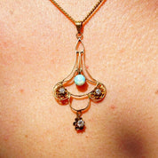 Victorian 14K Gold Opal & Diamond Necklace Pendant, Delicate Gold Wire Frame Teardrop Pendant, Iridescent Gemstone, Accent Diamonds, 1 3/4"