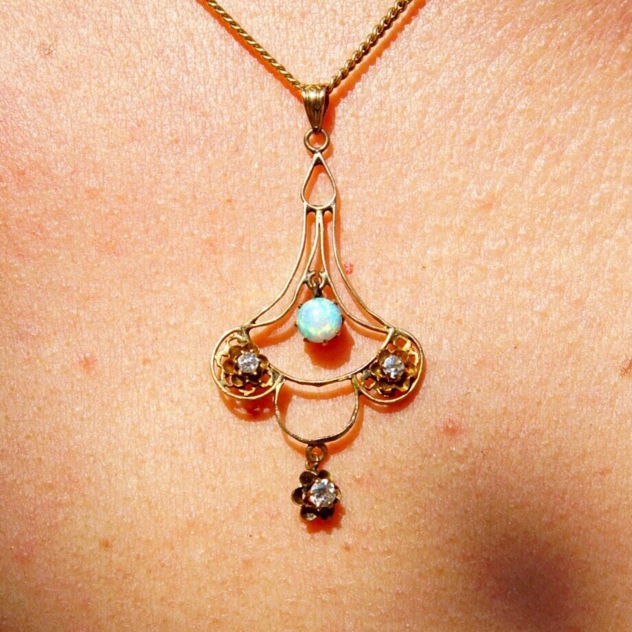 Victorian 14K Gold Opal & Diamond Necklace Pendant, Delicate Gold Wire Frame Teardrop Pendant, Iridescent Gemstone, Accent Diamonds, 1 3/4"