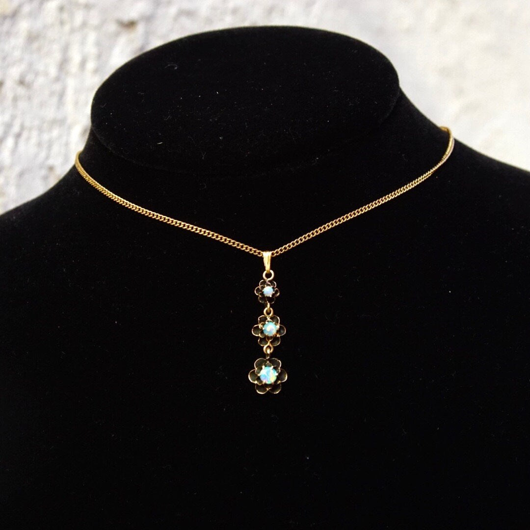 Victorian 14K Gold Opal Teardrop Pendant, 3-Tier Gold Pendant, Prong Set Opal Stones In Gold Flower Settings, Iridescent Gemstones, 1 1/2" L