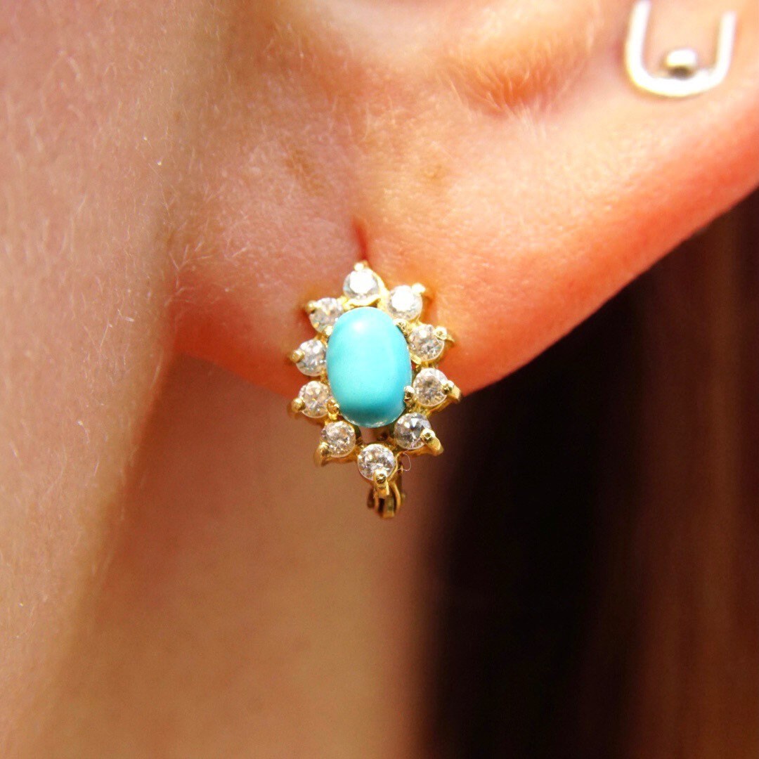 Vintage 14K Gold Turquoise & Diamond Halo Earrings, Petite Gold Lever Back Earrings, Blue Turquoise, Accent Diamonds, 585 Jewelry