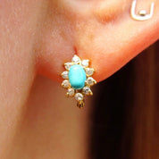 Vintage 14K Gold Turquoise & Diamond Halo Earrings, Petite Gold Lever Back Earrings, Blue Turquoise, Accent Diamonds, 585 Jewelry