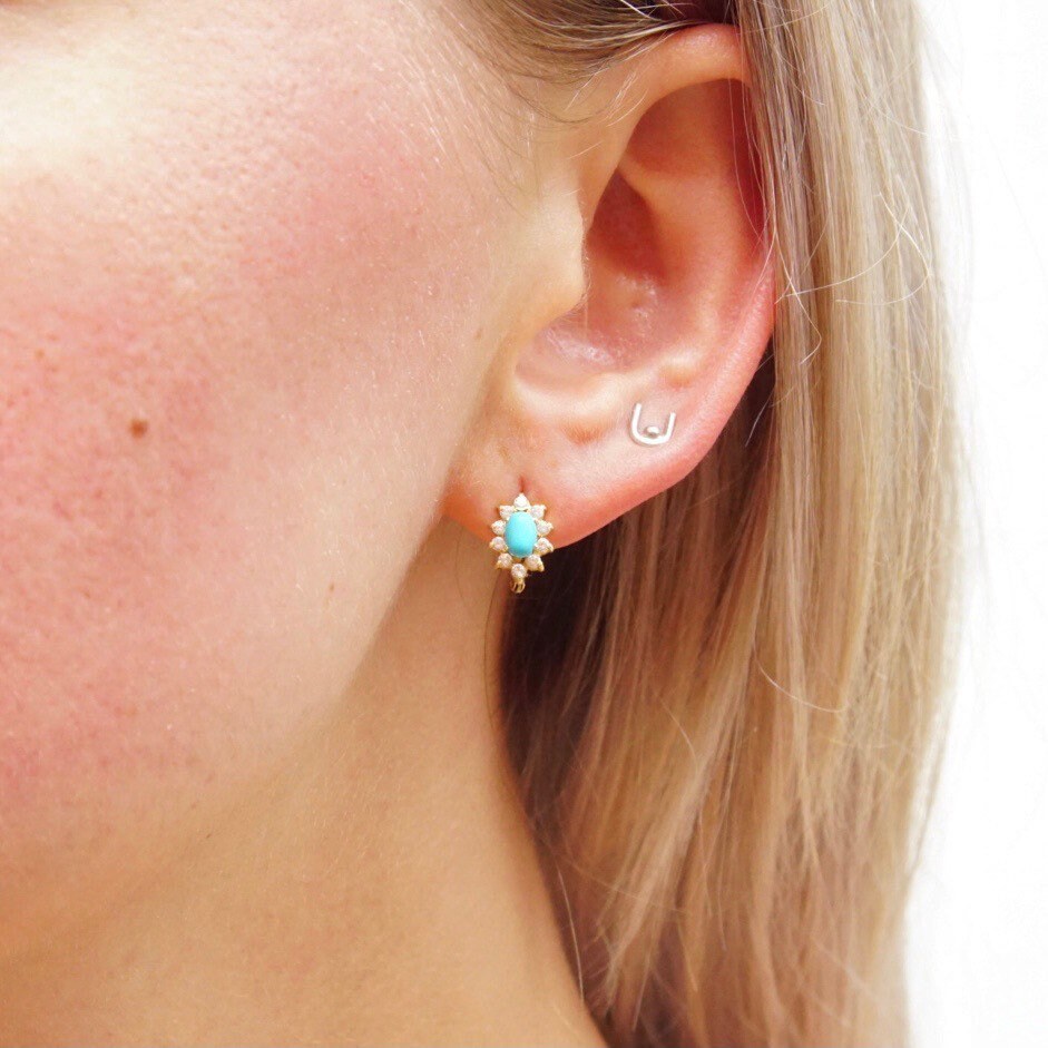 Vintage 14K Gold Turquoise & Diamond Halo Earrings, Petite Gold Lever Back Earrings, Blue Turquoise, Accent Diamonds, 585 Jewelry