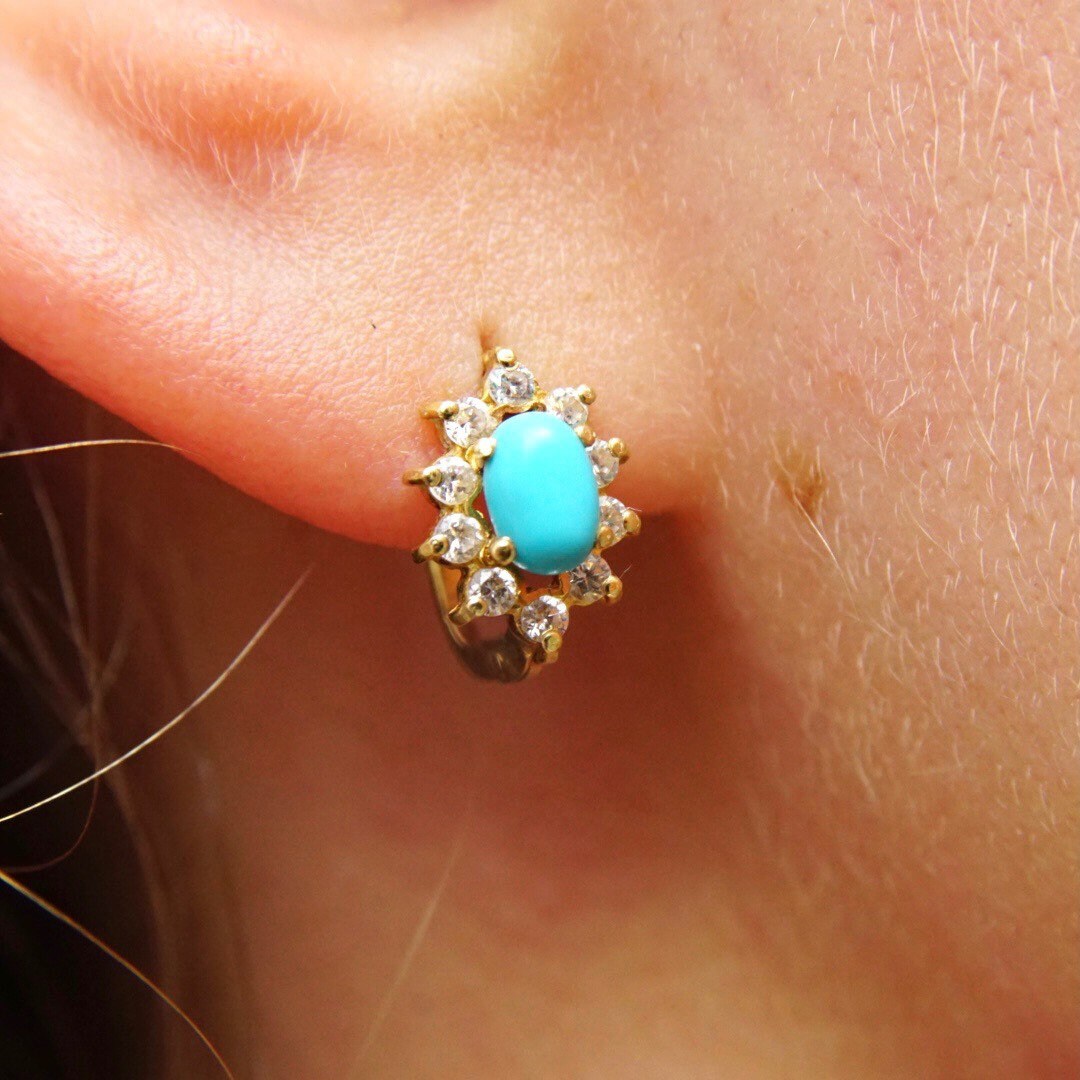 Vintage 14K Gold Turquoise & Diamond Halo Earrings, Petite Gold Lever Back Earrings, Blue Turquoise, Accent Diamonds, 585 Jewelry