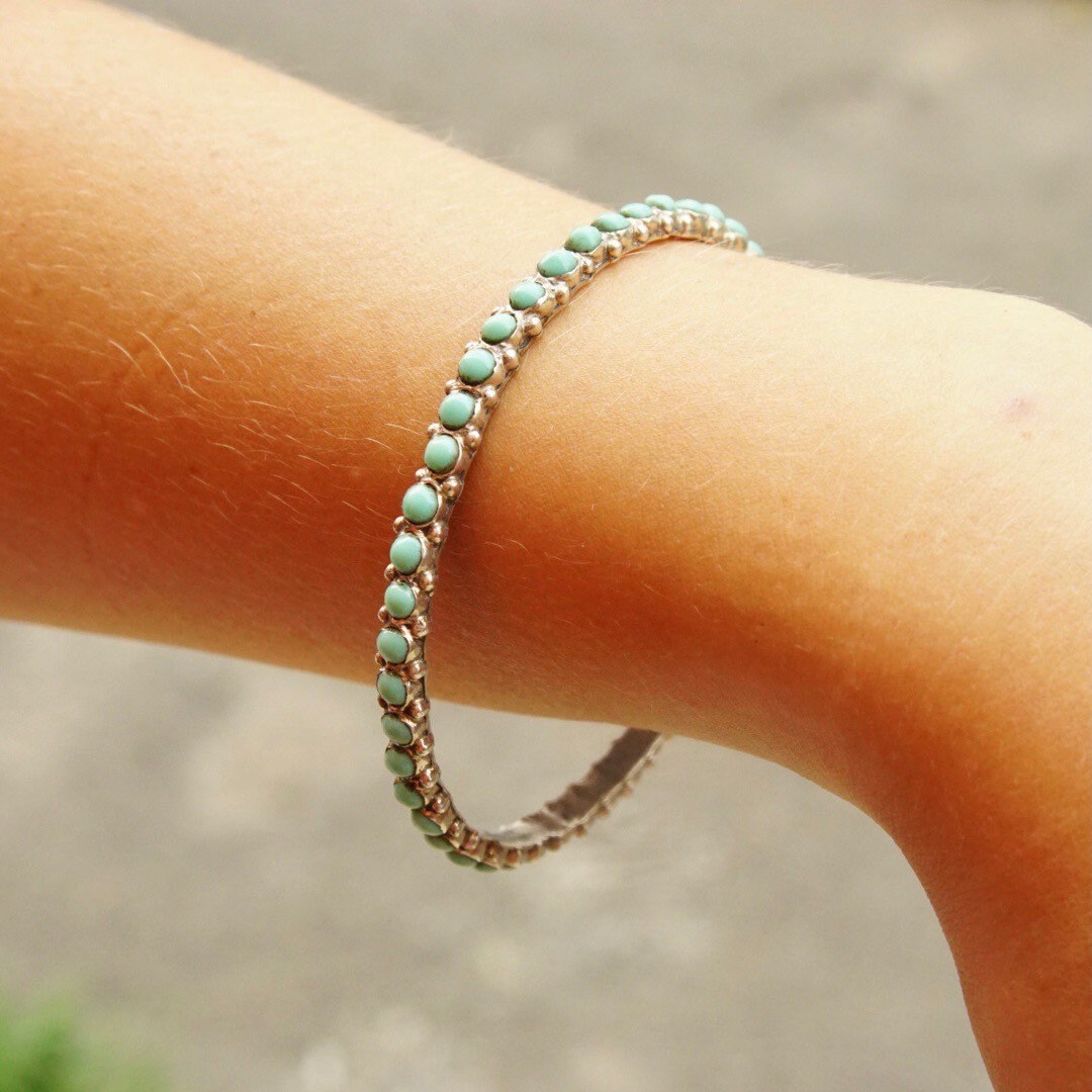 Vintage TAXCO 925 Snake Eye Turquoise Bangle, Sterling Silver, Turquoise Bead Bracelet, Hecho En Mexico, 8" Long