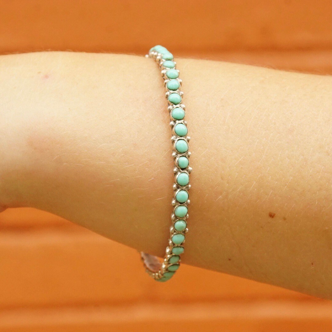 Vintage TAXCO 925 Snake Eye Turquoise Bangle, Sterling Silver, Turquoise Bead Bracelet, Hecho En Mexico, 8" Long