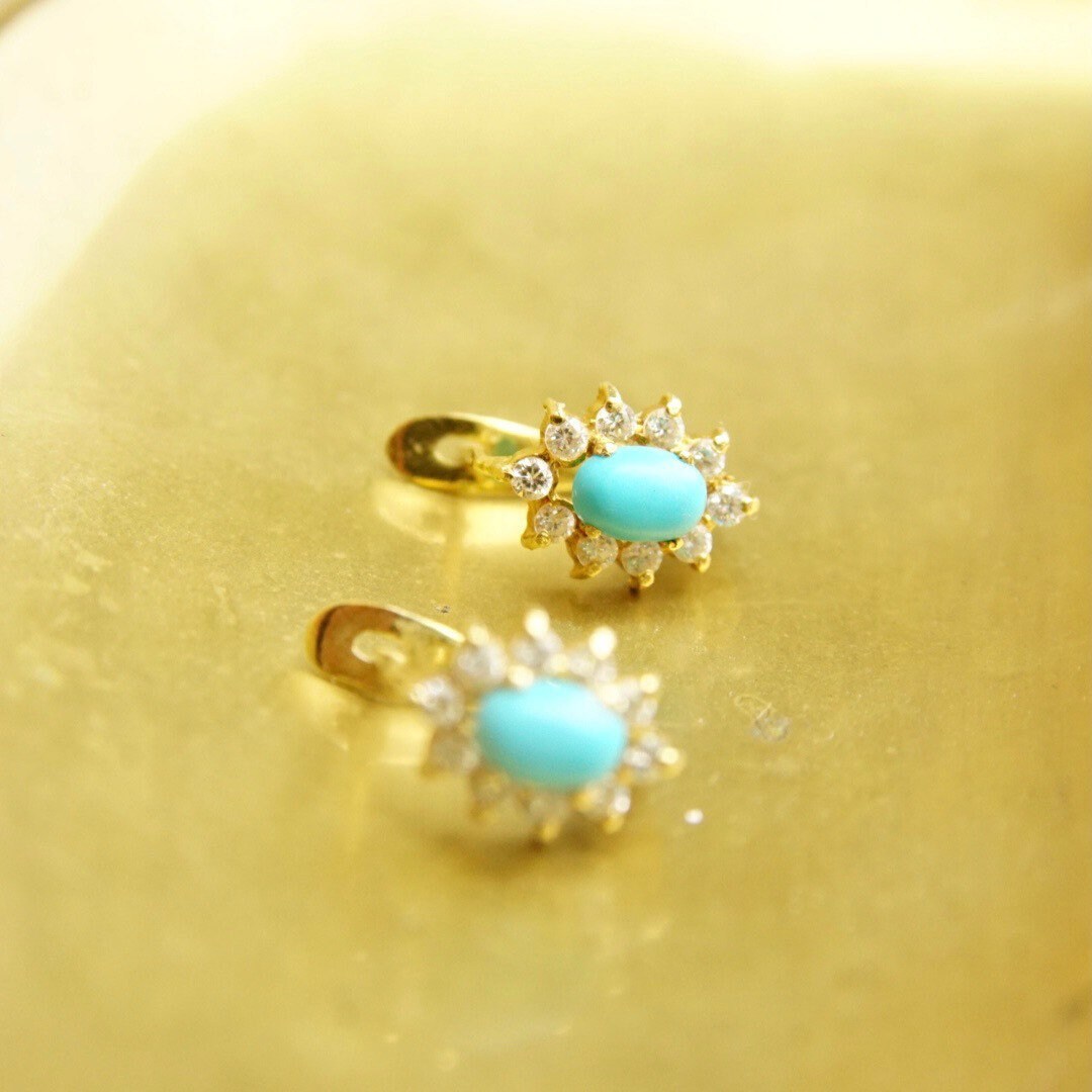 Vintage 14K Gold Turquoise & Diamond Halo Earrings, Petite Gold Lever Back Earrings, Blue Turquoise, Accent Diamonds, 585 Jewelry