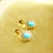 Vintage 14K Gold Turquoise & Diamond Halo Earrings, Petite Gold Lever Back Earrings, Blue Turquoise, Accent Diamonds, 585 Jewelry