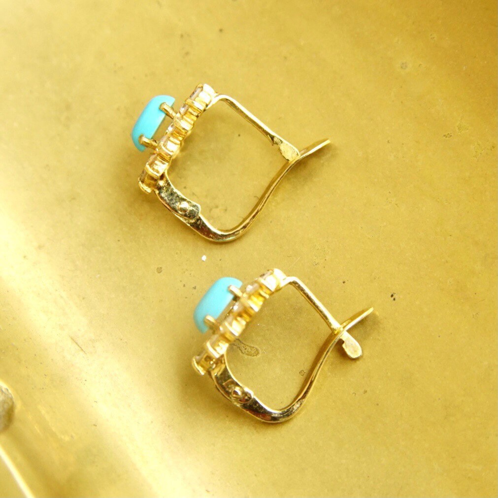 Vintage 14K Gold Turquoise & Diamond Halo Earrings, Petite Gold Lever Back Earrings, Blue Turquoise, Accent Diamonds, 585 Jewelry