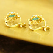 Vintage 14K Gold Turquoise & Diamond Halo Earrings, Petite Gold Lever Back Earrings, Blue Turquoise, Accent Diamonds, 585 Jewelry