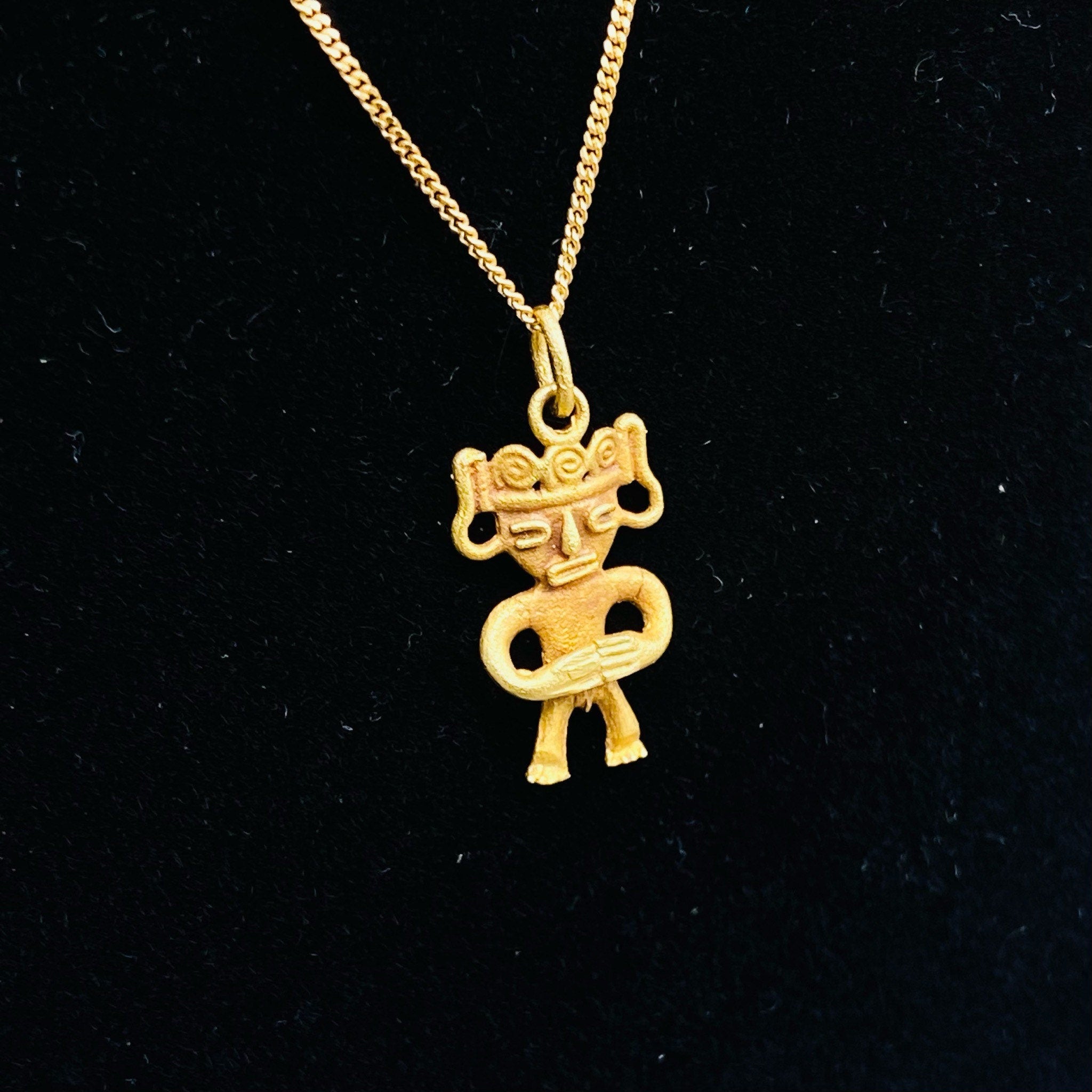 Vintage Italian 14K & 18K Gold Pendant Necklace, 14K Yellow Gold Cable Chain 1mm, 18K Yellow Gold Figure Pendant, Tribal/Symbolic, 17" Long