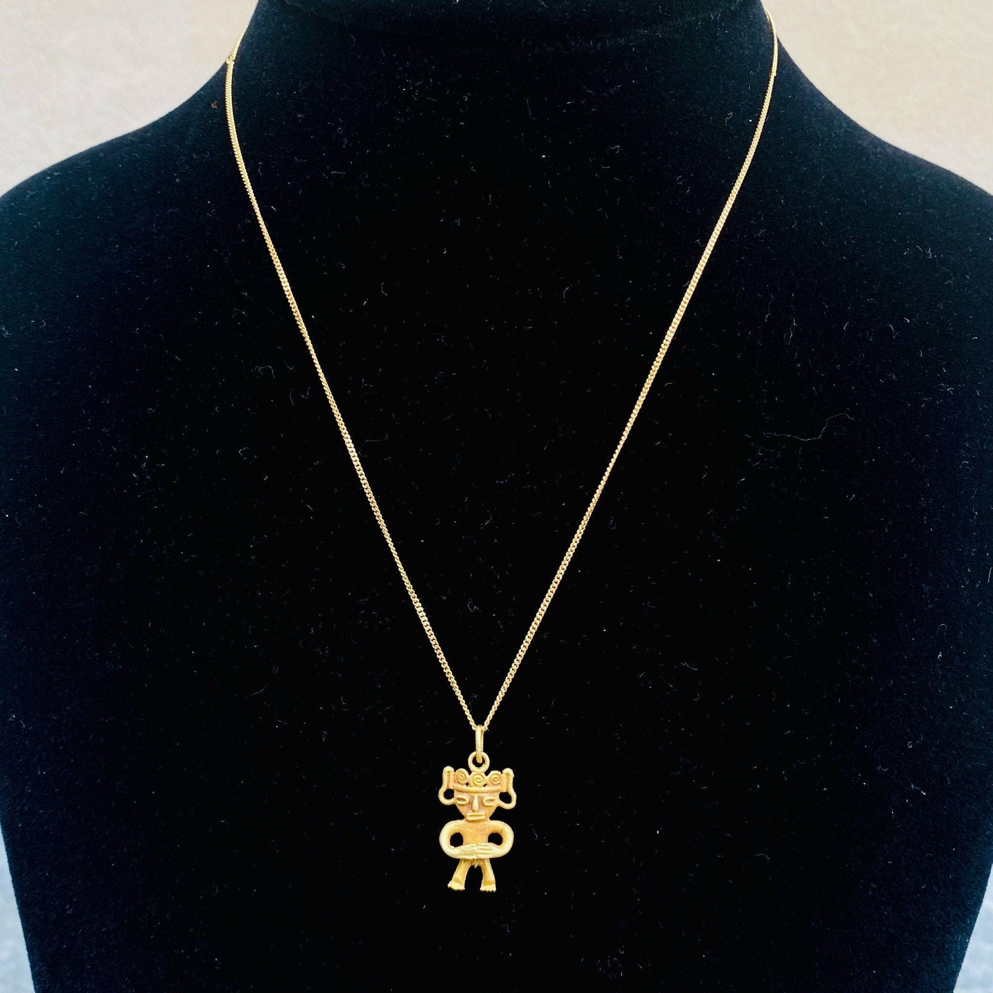 Vintage Italian 14K & 18K Gold Pendant Necklace, 14K Yellow Gold Cable Chain 1mm, 18K Yellow Gold Figure Pendant, Tribal/Symbolic, 17" Long