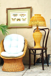 Vintage wicker table lamp and matching shade in yellow, next to rattan chair with light blue cushion, wooden chair, and framed butterfly artwork on wall in cottage core style room.