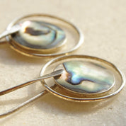 Vintage Modernist Sterling Silver & Abalone Dangle Earrings, Abstract Silver Earrings, Iridescent Shell Inlay, ATI925 Mexico, 2 5/8" Long