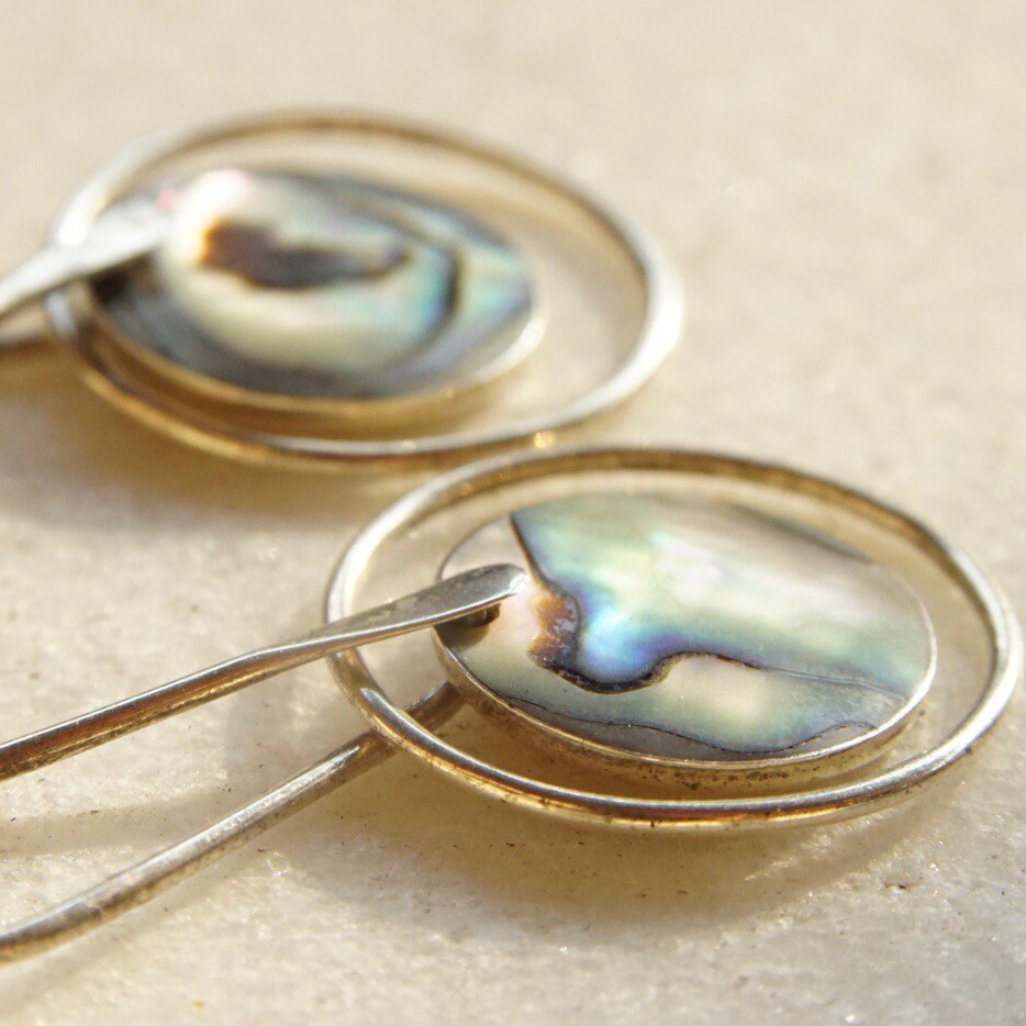 Vintage Modernist Sterling Silver & Abalone Dangle Earrings, Abstract Silver Earrings, Iridescent Shell Inlay, ATI925 Mexico, 2 5/8" Long
